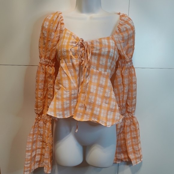 Orange Plaid Boho Blouse | Bell Sleeve Lace-Up Top - Picture 6 of 7